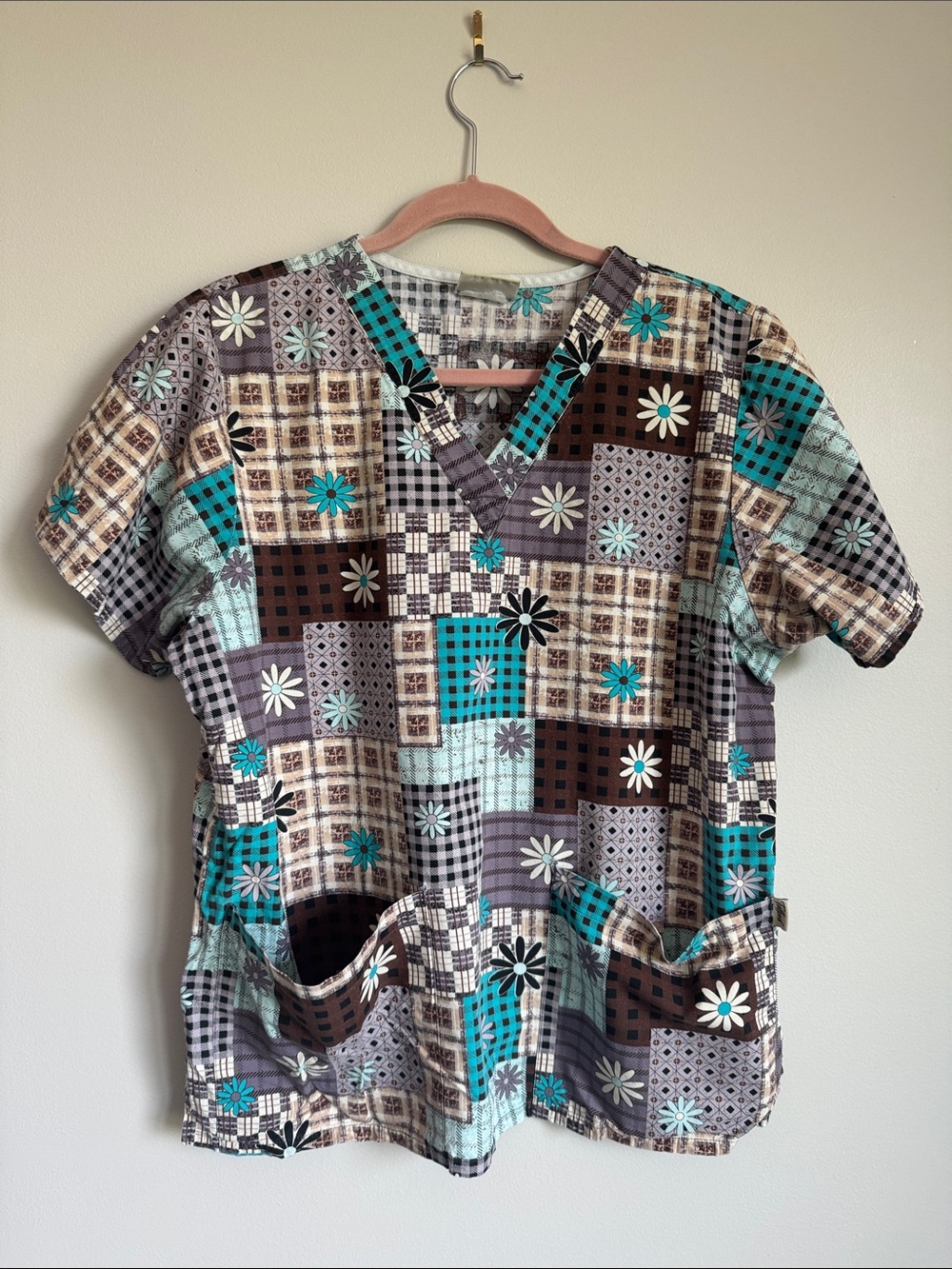 Tafford Plaid Patchwork V-Neck Shirt in Teal and Brown